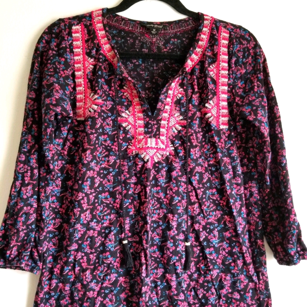 🍀Lucky Brand Womens Embroidered Yoke Blouse